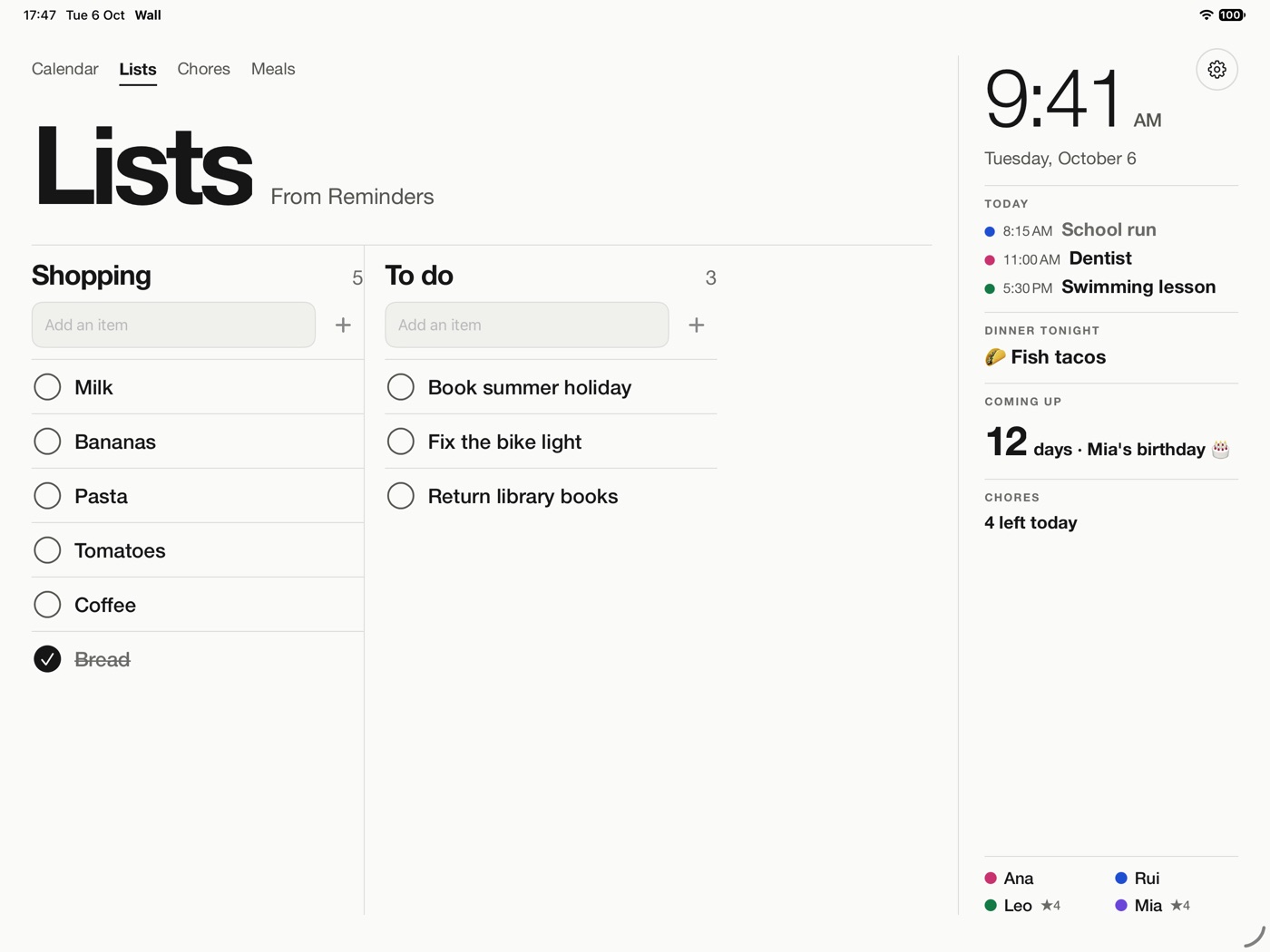 Lists: Shopping and To do from Reminders with round checkboxes
